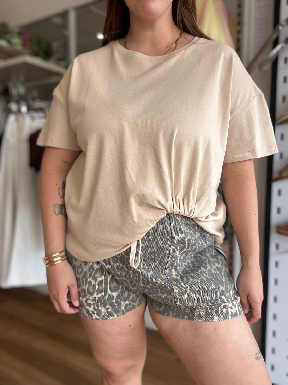 By Frankie Starlight Leopard Stripe Shorts in neutral leopard print with a contrast racing stripe and drawstring waist