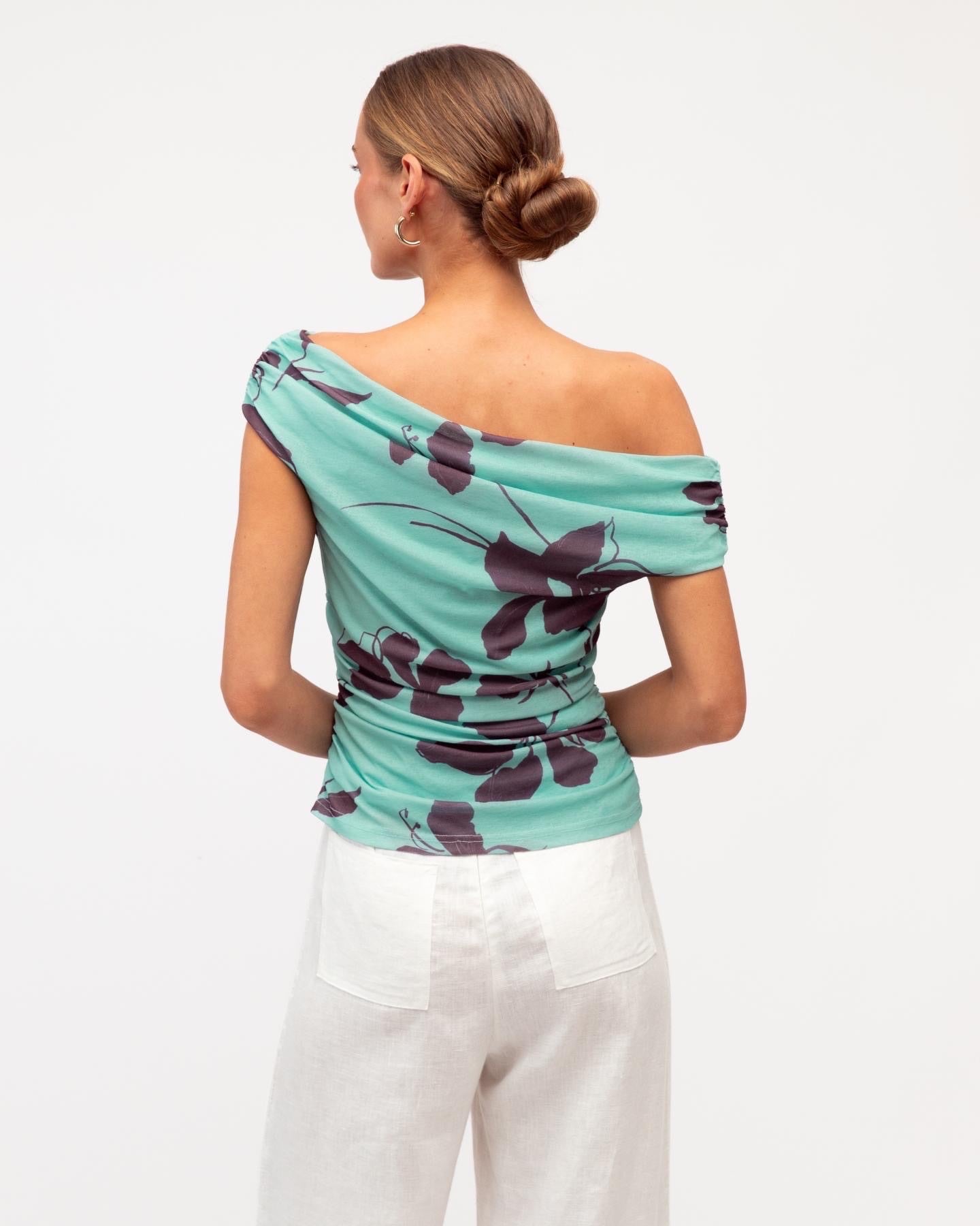 Samantha Top in floral print - close up of mesh fabric and drape detail