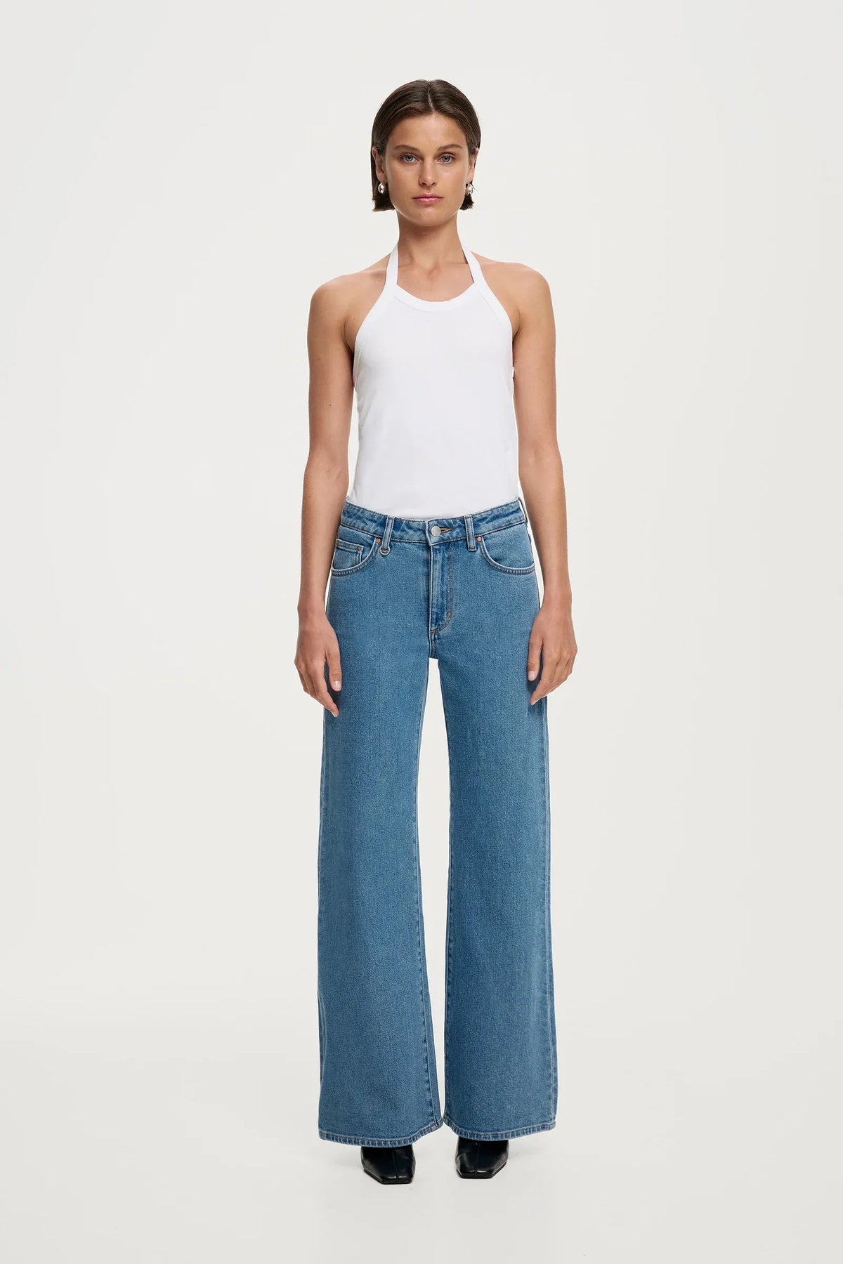 NEUW Eva Wide Jean in Florence with silver copper trims, black leather patch and signature repair stitch