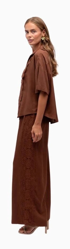 Lace trim chocolate linen wide-leg pants by Salt & Tide Co