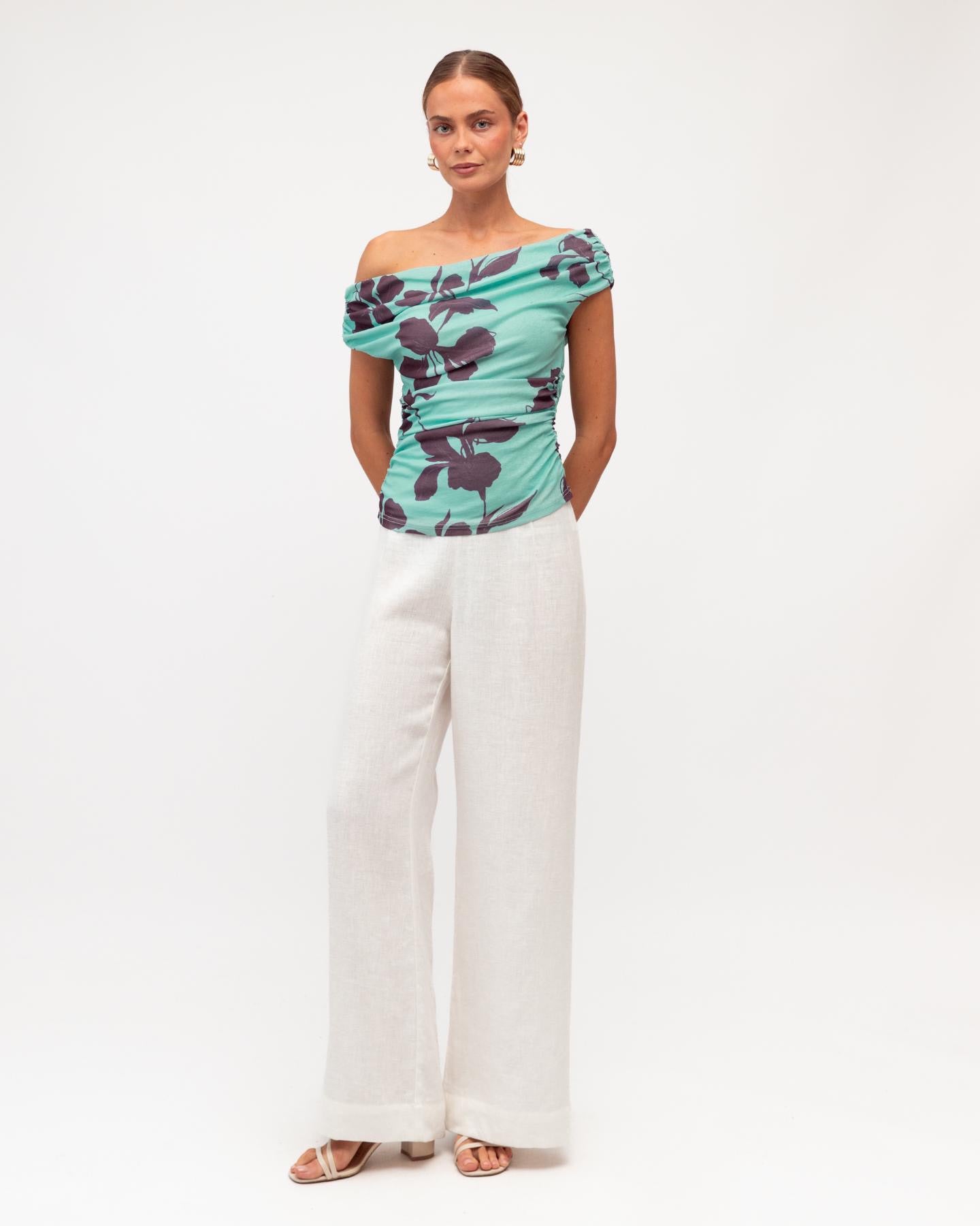 Samantha Top in floral print - side view showing asymmetrical drape
