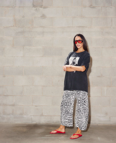 Rio Zebra Barrel Jeans styled as a statement piece, high rise black and white zebra print denim