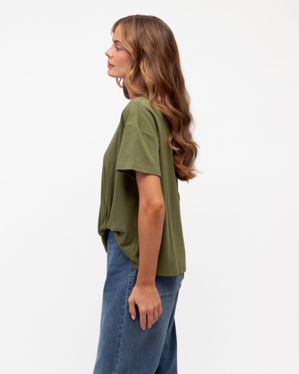 Khaki Easy Tuck Tee, soft cotton blend everyday tee with round neckline and tuck detail, alternate view