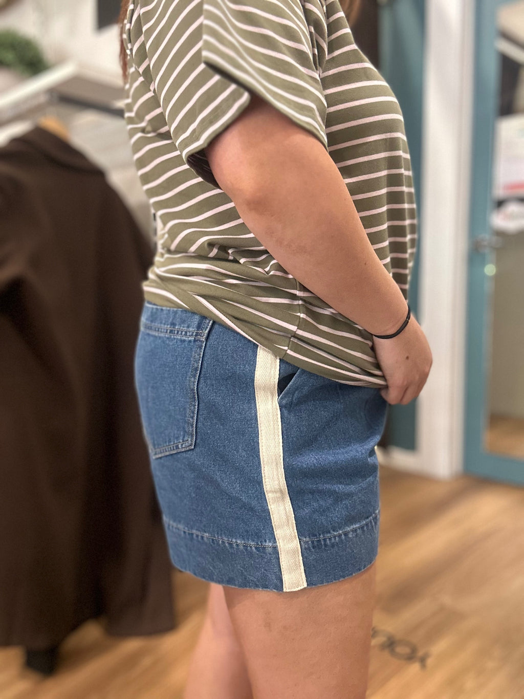 Marina denim shorts in mid wash with contrast side stripe, high waisted shorts
