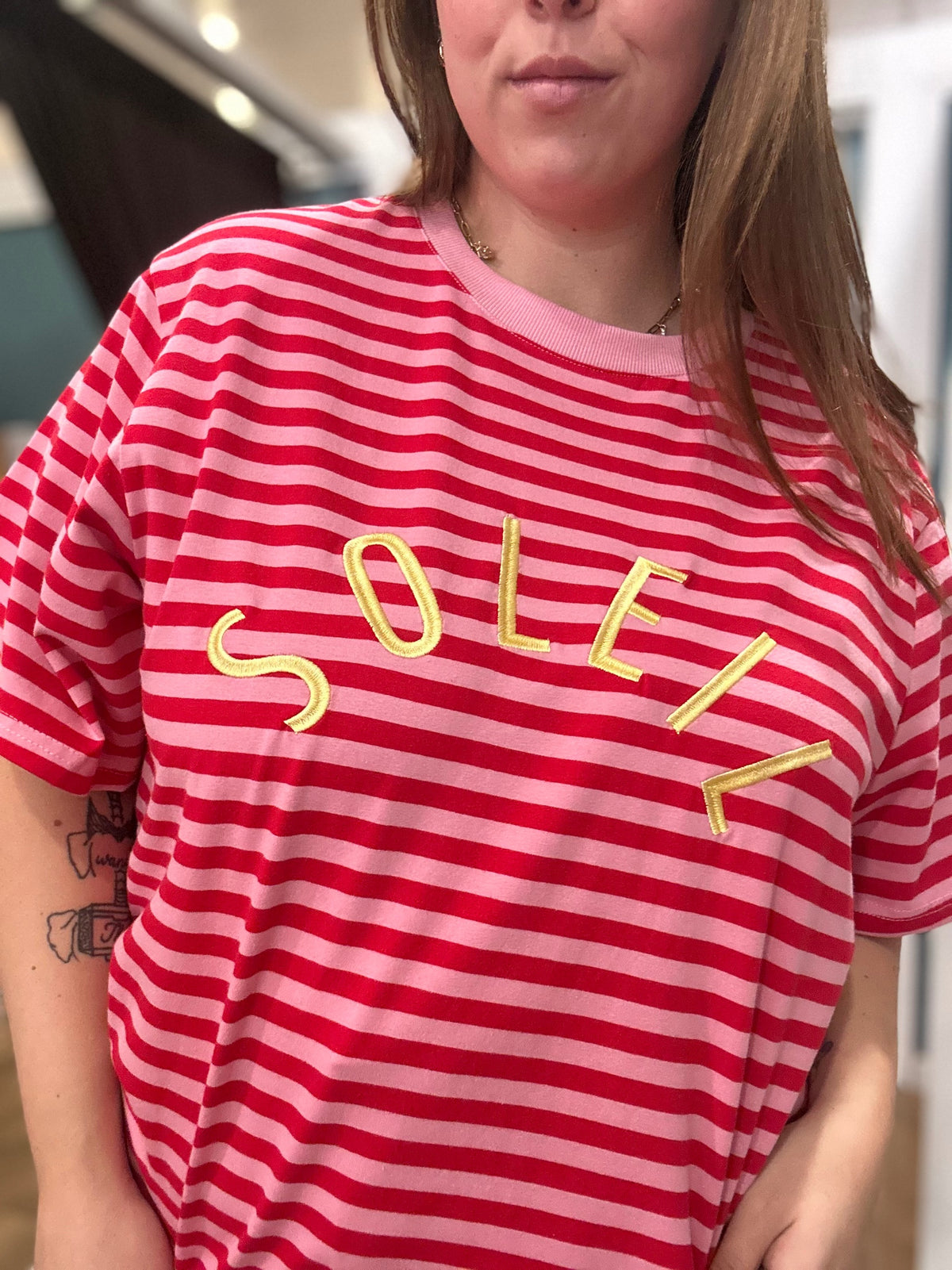 Soleil Graphic Tee, red and pink stripe oversized tee with Soleil puff print, image 1