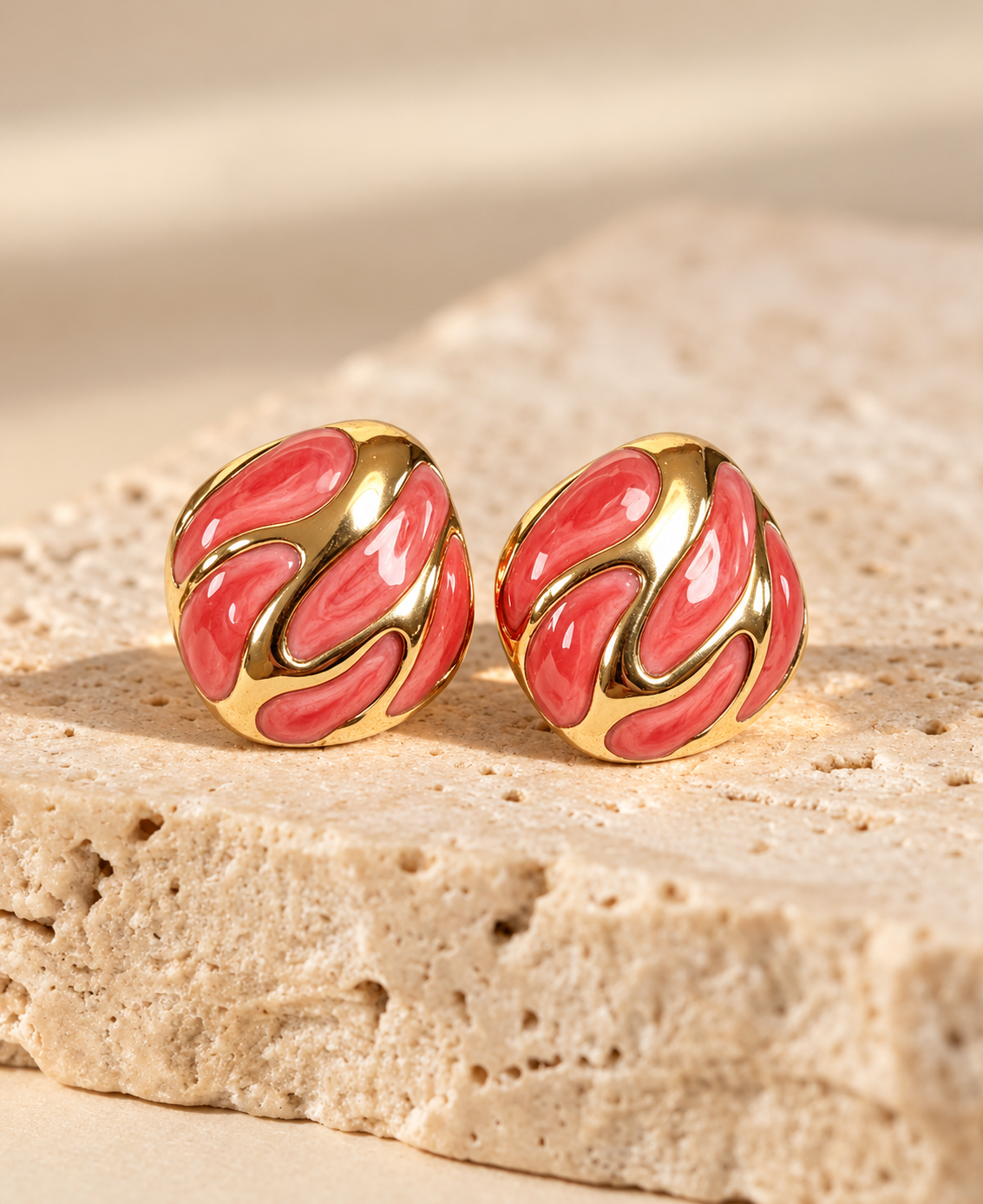 Swirl retro gold stud earrings with coral enamel swirl by Salt & Tide Co