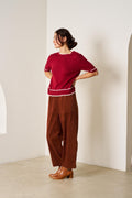 Nora Knit in wine tone with contrast ribbed trim - front view