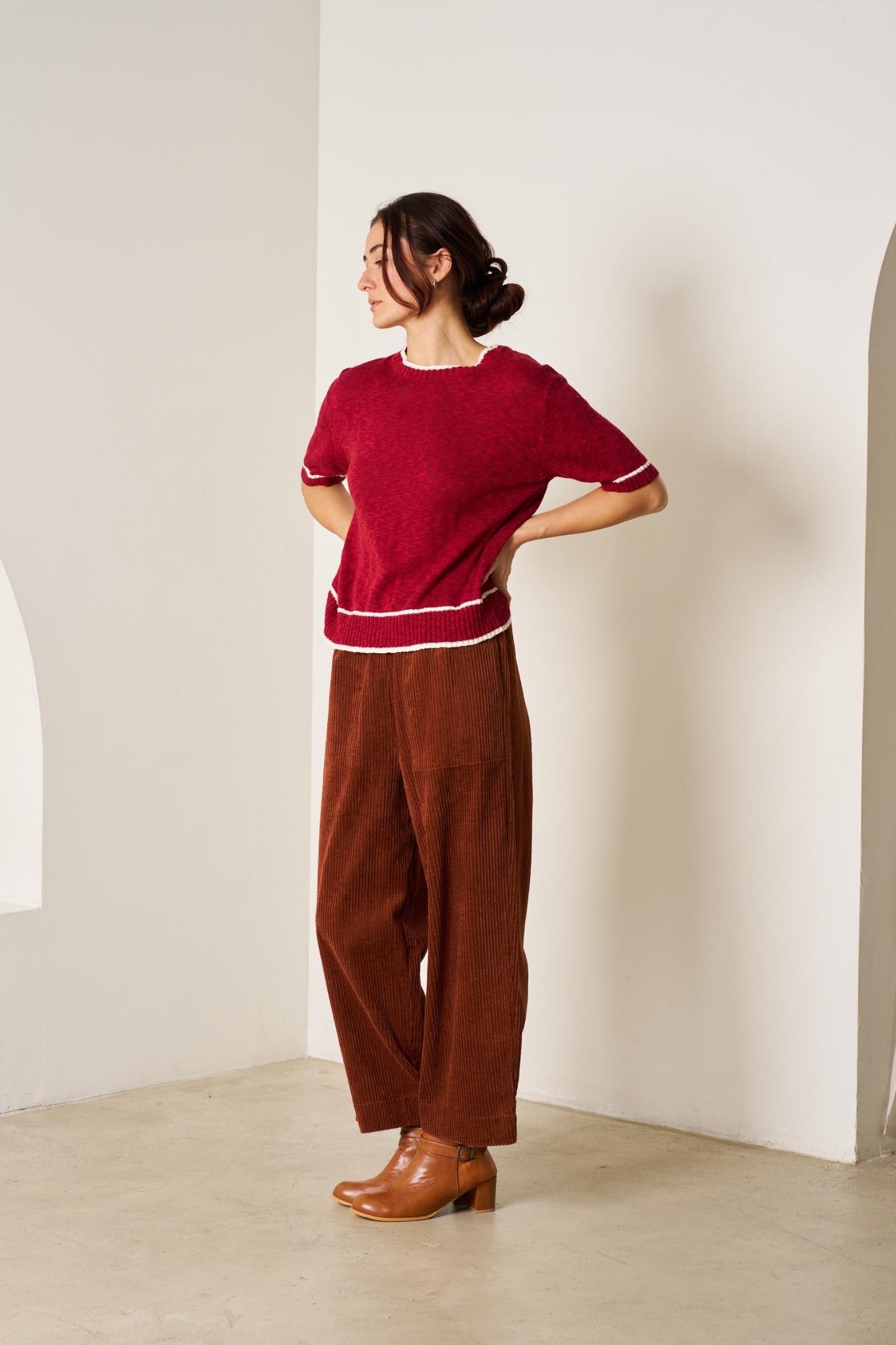 Nora Knit in wine tone with contrast ribbed trim - front view