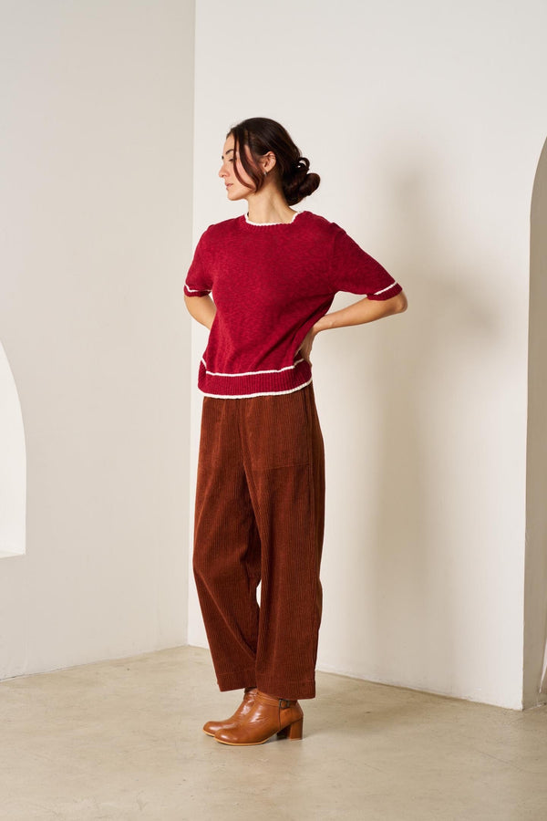 Nora Knit in wine tone with contrast ribbed trim - front view