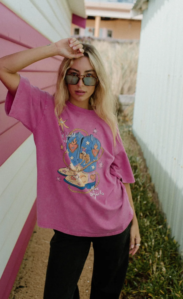 More Cowgirls Pink Acid Wash Tee TYRL
