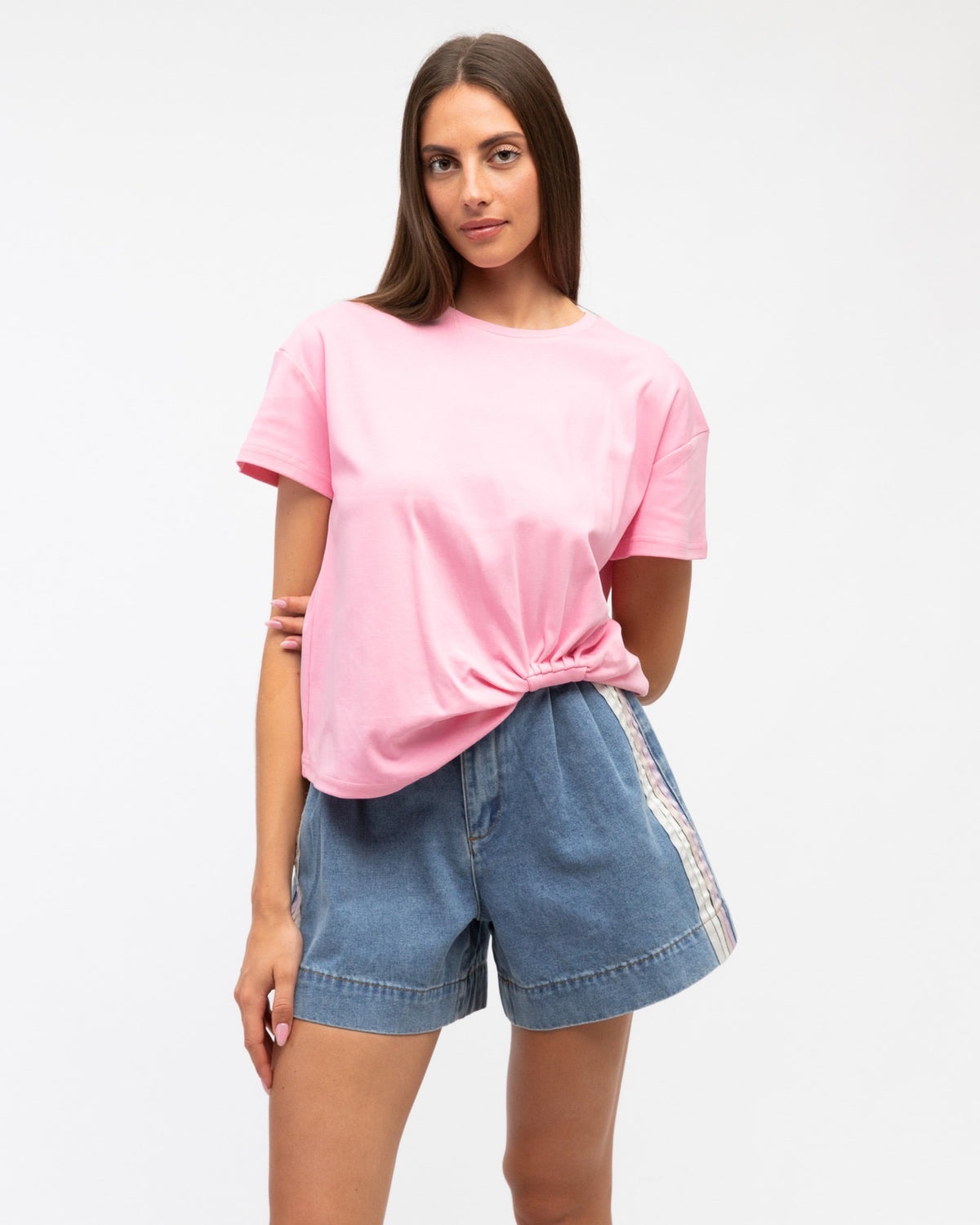 Easy Tuck Tee in blush pink by Label Of Love, a relaxed short sleeve women's tee with a gathered tuck hem