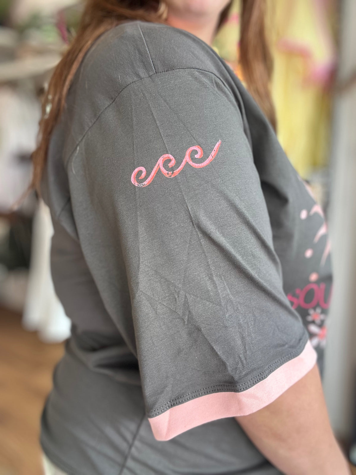 Soul Sun Surf charcoal ringer tee by Coco Cartel, women's oversized graphic tee