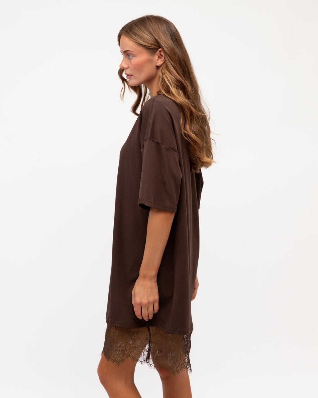 Willow Lace Tee Dress styled with boots - back view