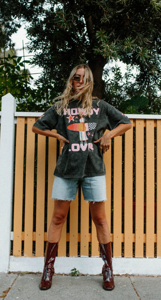 Howdy Lover Black Acid Wash Tee TYRL