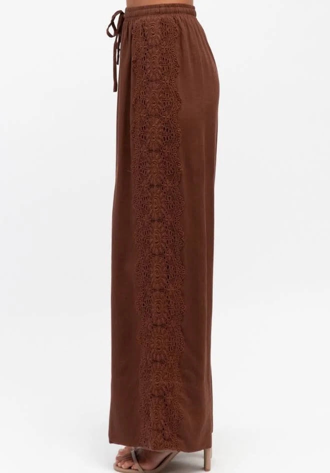 Lace Trim Linen Pants Chocolate