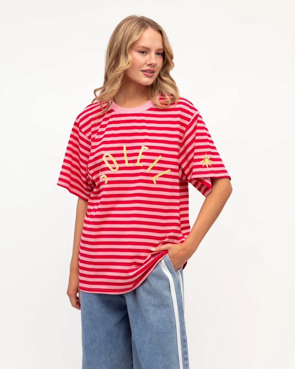Soleil Graphic Tee in red and pink stripe, front view with sunburst puff print