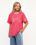 Soleil Graphic Tee in red and pink stripe, front view with sunburst puff print