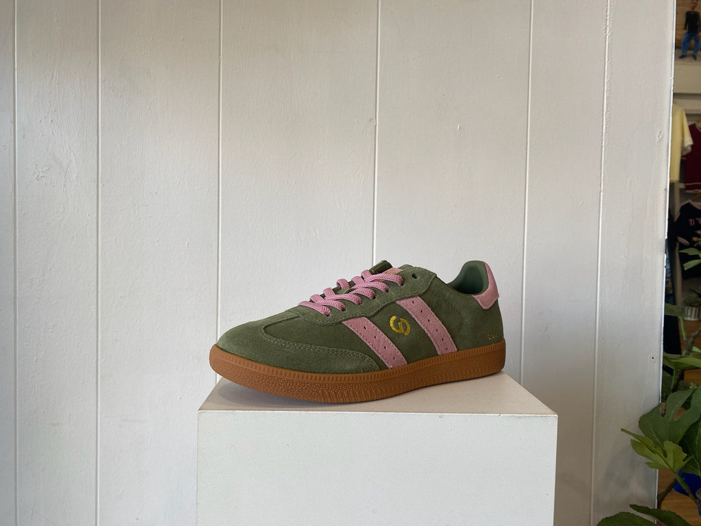 Sage suede and pink overlay Goodsole sneaker, front angle view showing lace detail