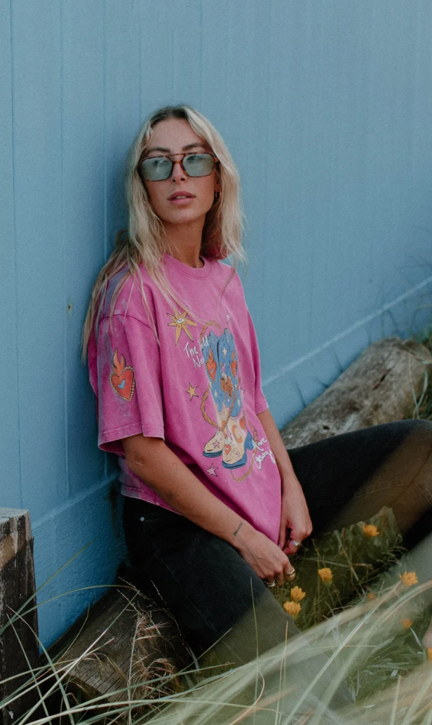 More Cowgirls Pink Acid Wash Tee TYRL