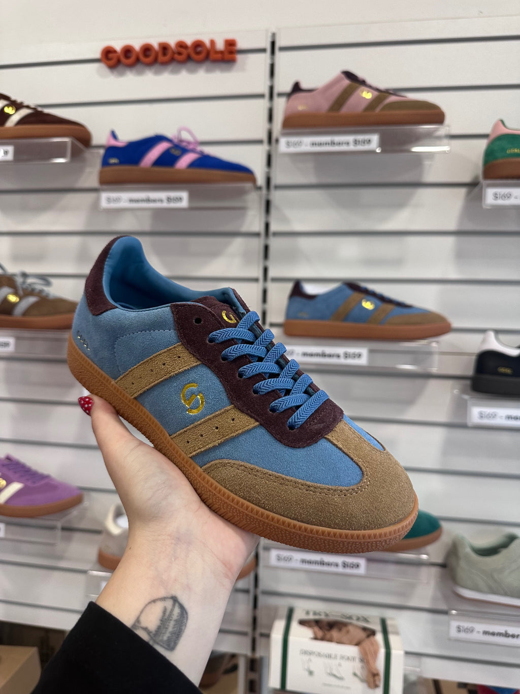 Goodsole 2001 blue and chocolate suede sneakers