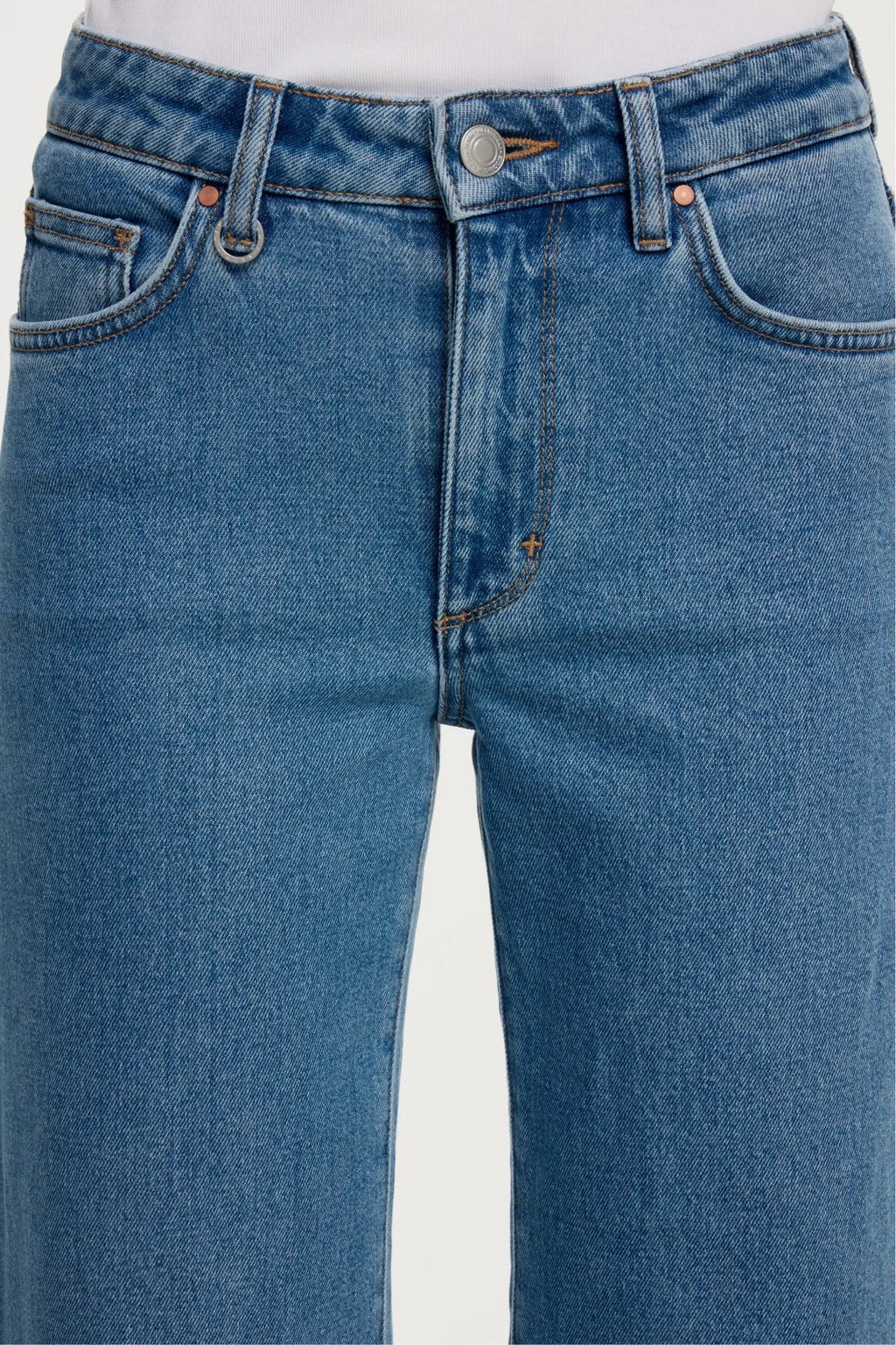 Mid wash blue NEUW Eva Wide Jean showing the full length wide leg drape from mid thigh