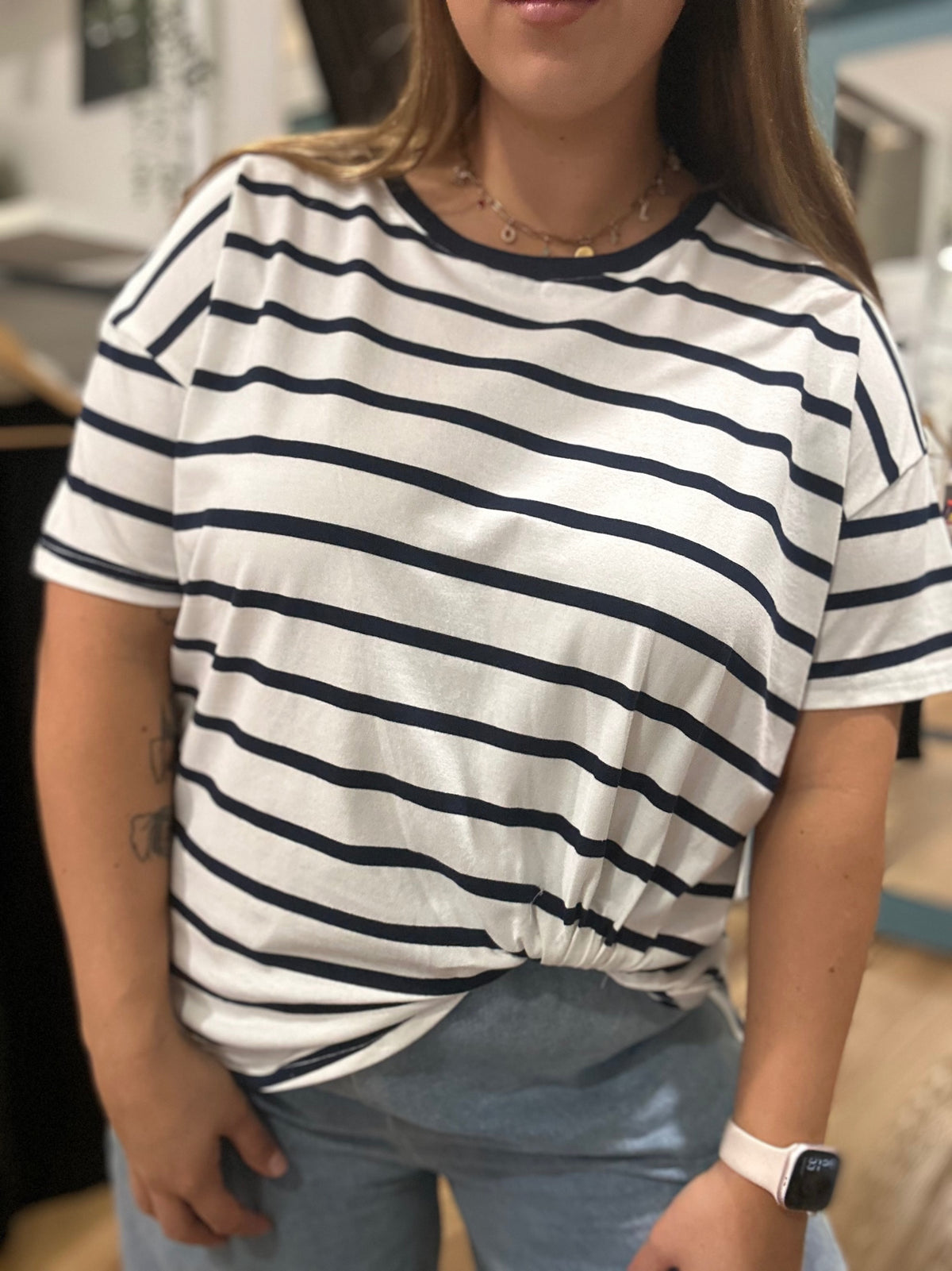 Easy Tuck Tee in white and navy stripe, relaxed cotton elastane tee