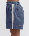 Marina denim shorts in mid wash with contrast side stripe, high waisted shorts