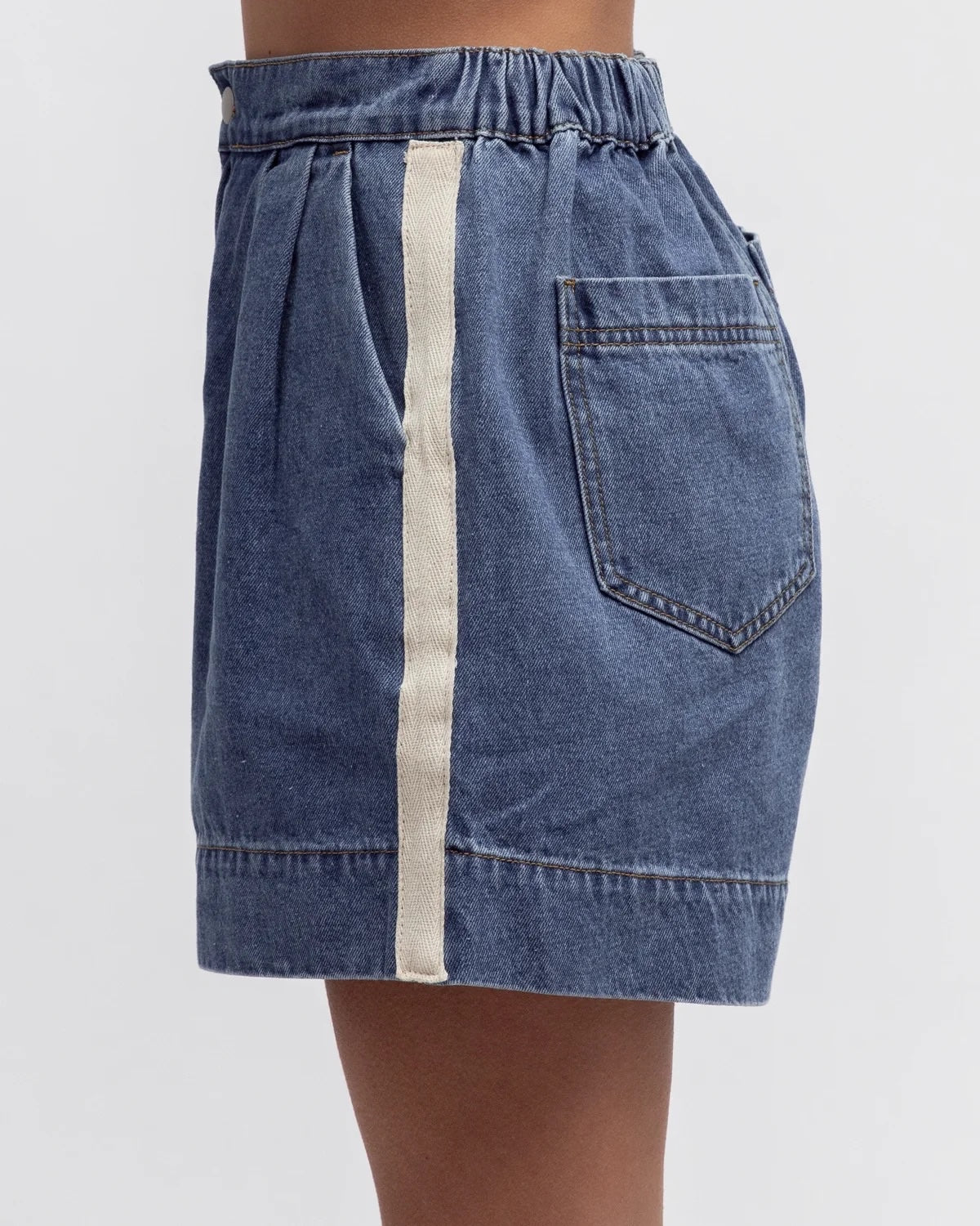Marina denim shorts in mid wash with contrast side stripe, high waisted shorts