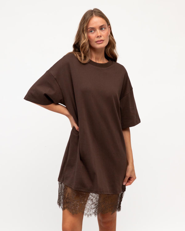 Willow Lace Tee Dress in cotton with lace hem detail - front view