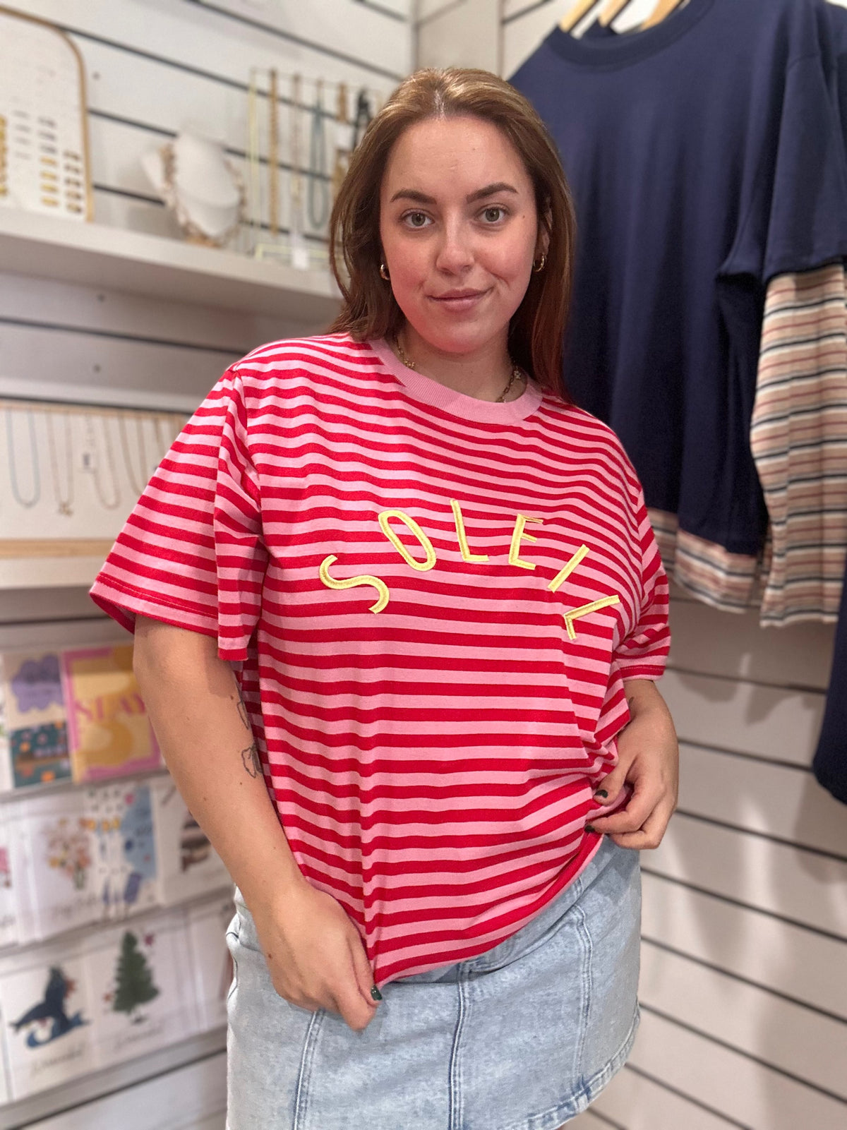 Soleil Graphic Tee, red and pink stripe oversized tee with Soleil puff print, image 2
