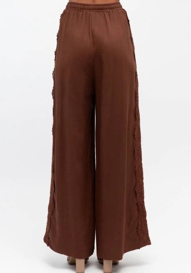 Lace Trim Linen Pants Chocolate