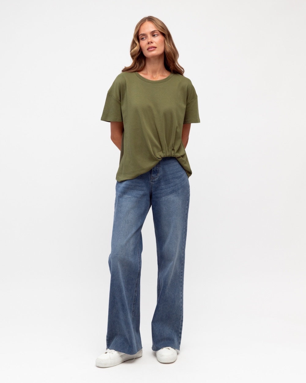 Easy Tuck Tee in khaki by Label Of Love, a relaxed short sleeve women's tee with a gathered tuck hem