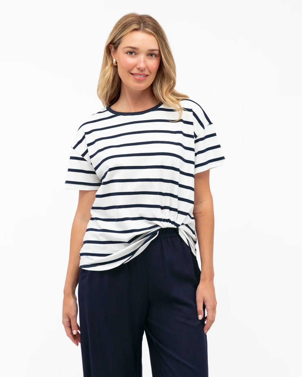 Easy Tuck Tee in white and navy stripe, relaxed cotton elastane tee