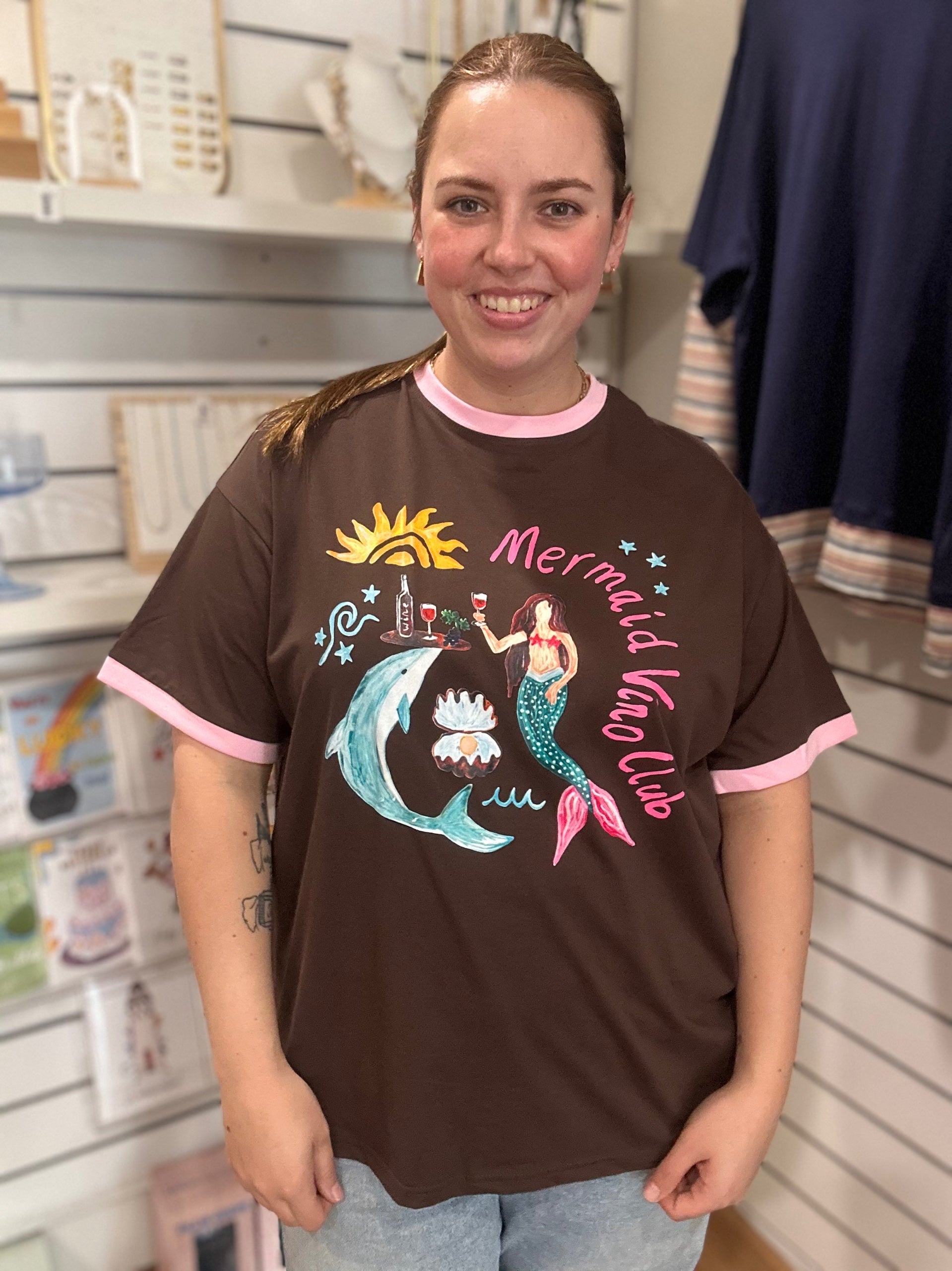 Mermaid Vino Club Graphic Tee, side view showing oversized fit