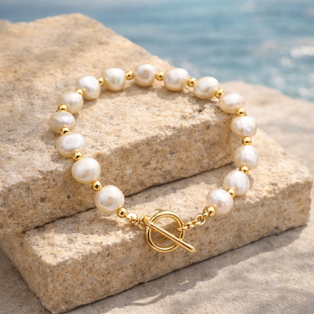Isola Fresh Water Pearl Stainless Steel Gold Bracelet