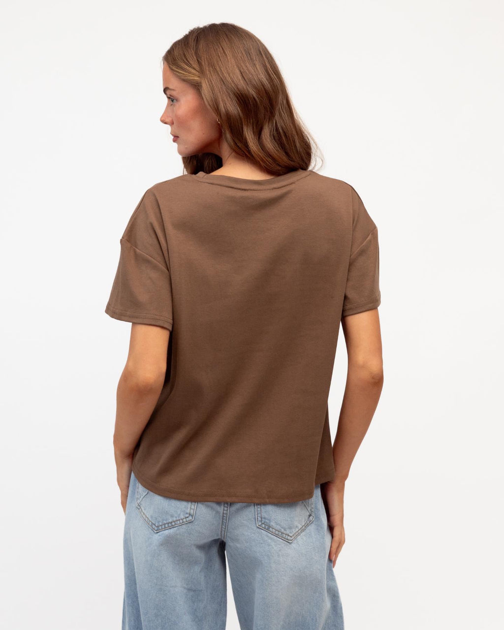 Easy Tuck Tee in Mocha styled with denim - back view