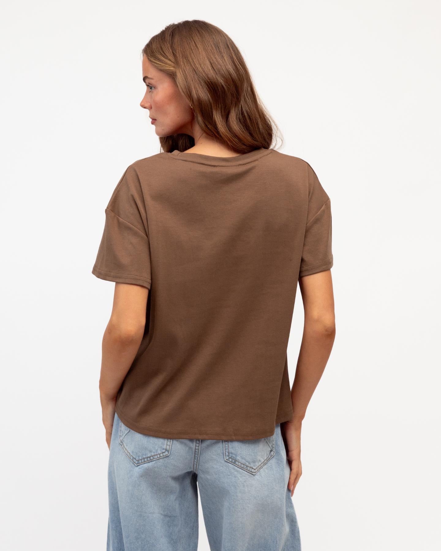 Easy Tuck Tee in Mocha styled with denim - back view