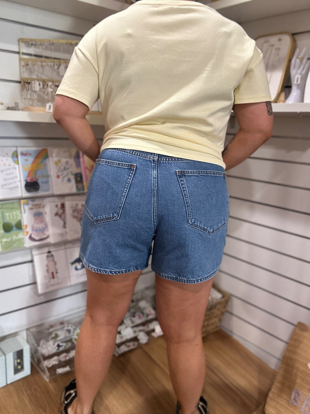Eva NEUW denim shorts in Florence mid indigo wash, relaxed A-line shorts