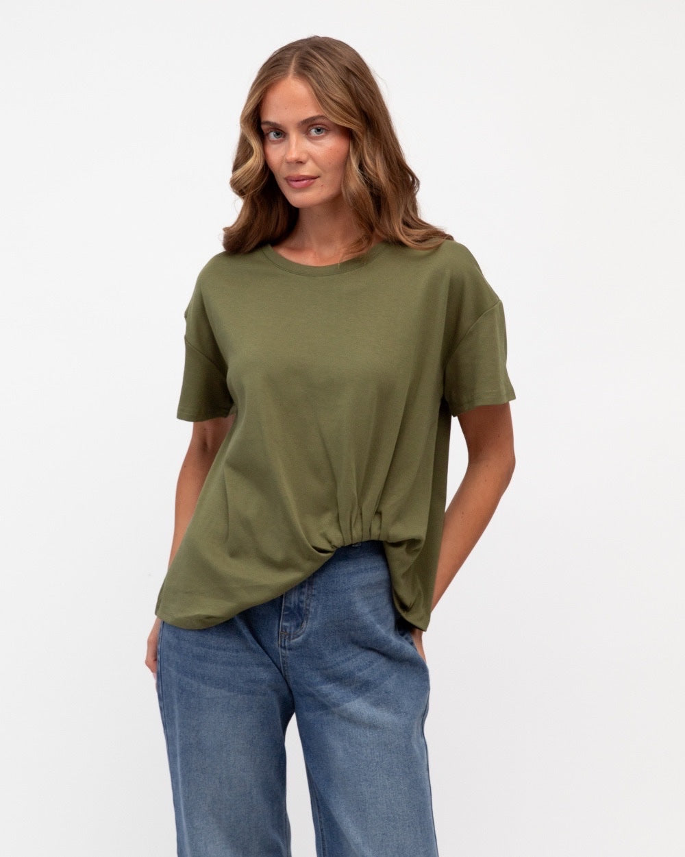 Khaki relaxed fit women's tee with flattering gathered hem, an earthy neutral that pairs with denim